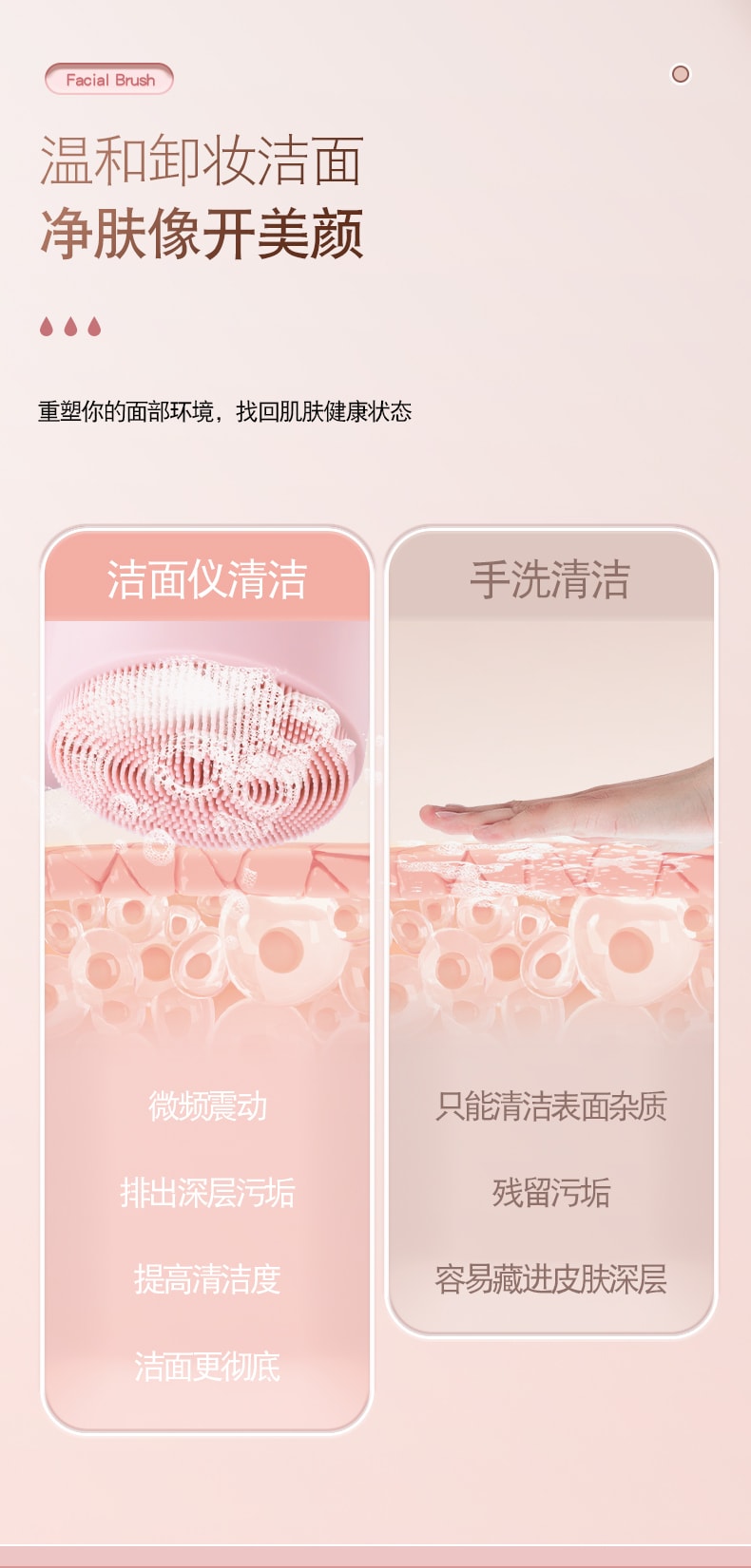 中国 K SKIN金稻 洁面仪器清洁毛孔脸部按摩硅胶净肤电动家用充电式震动美容仪 粉色 1件