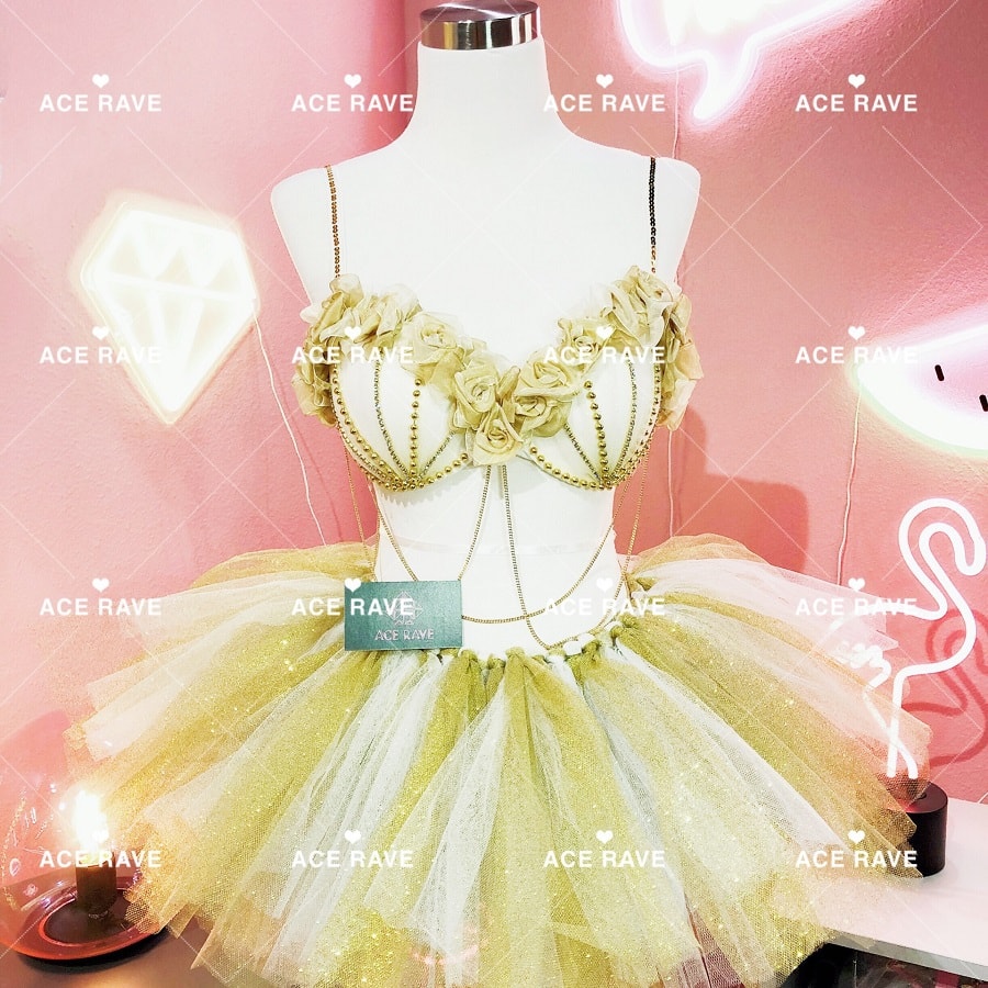 Floral Fairy rave outfit golden rave bra+tutu/s-l