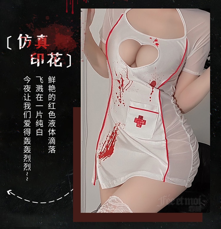 【中国直邮】霏慕 万圣节COS 暗夜小护士装情趣内衣制服 白+红【护士发箍+透视连衣裙+T裤】