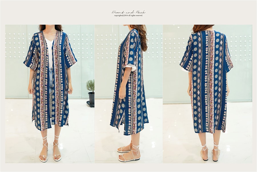 KOREA Kimono Style Ethnic Pattern Robe Cardigan #Blue One Size(Free) [Free Shipping]
