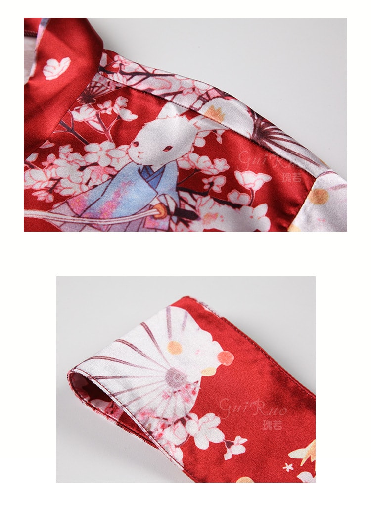 【中國直郵】瑰若 情趣內衣 日系印花與服睡袍 收腰開襟衫套裝 紅色均碼