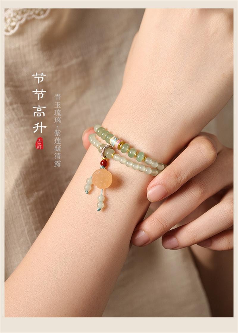 【中國直郵】 親太太 新中式青玉色琉璃蓮蓬雙圈細款疊戴女手腕清雅 青玉色琉璃-春昭意【4mm】1條裝