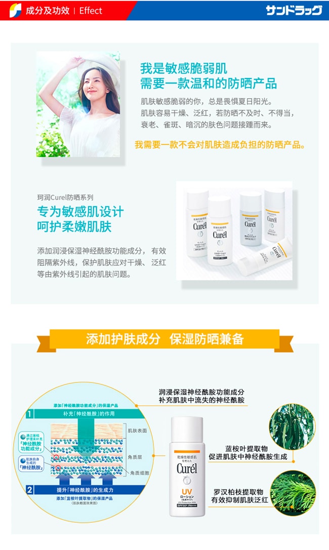 【日本直邮】Curel珂润 敏感肌温和保湿防晒乳60mlSPF50+/PA+++ 面部身体可用