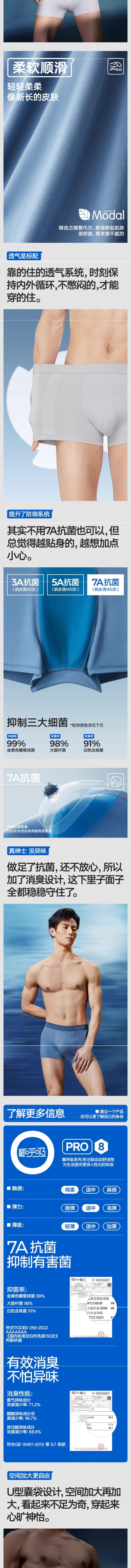 【中国直邮】 海澜之家 男士四角平角内裤 莫代尔速干 轻薄透气平角短裤 3条装 M码 适合42kg-47kg