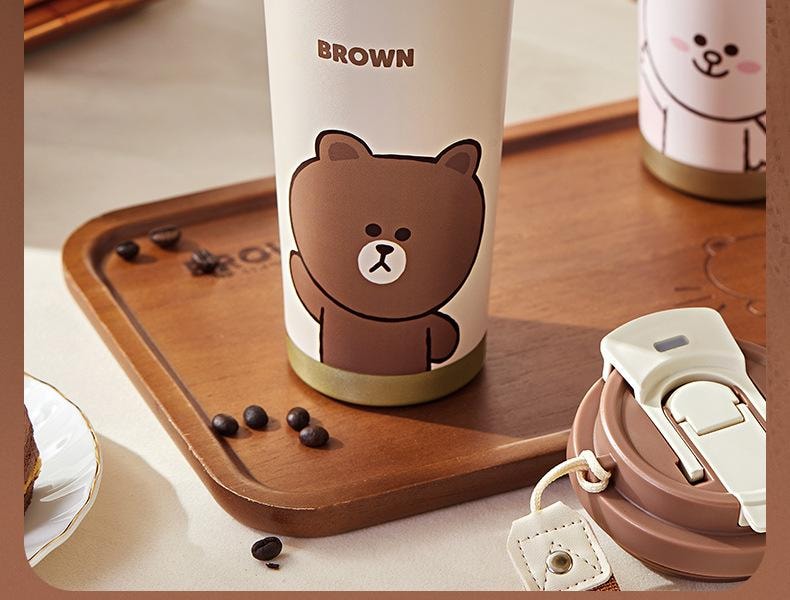 【中国直邮】日本 LINE FRIENDS 布朗熊新款保温杯316不锈钢大容量吸管杯高颜值儿童保温双饮水杯   500ml