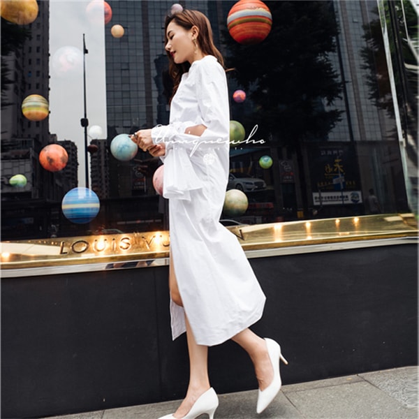 White Pure Cotton Long Sleeve Shirt Dress Belted Midi Dress for Women Ladies S
