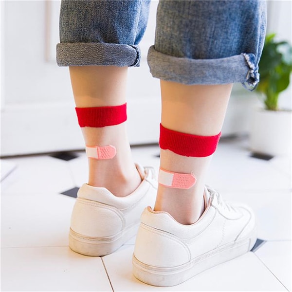 Creative Adhesive Bandage Funny Socks for Women Girls Ins Summer Transparent Crystal Glass Silk Socks 5 Pairs