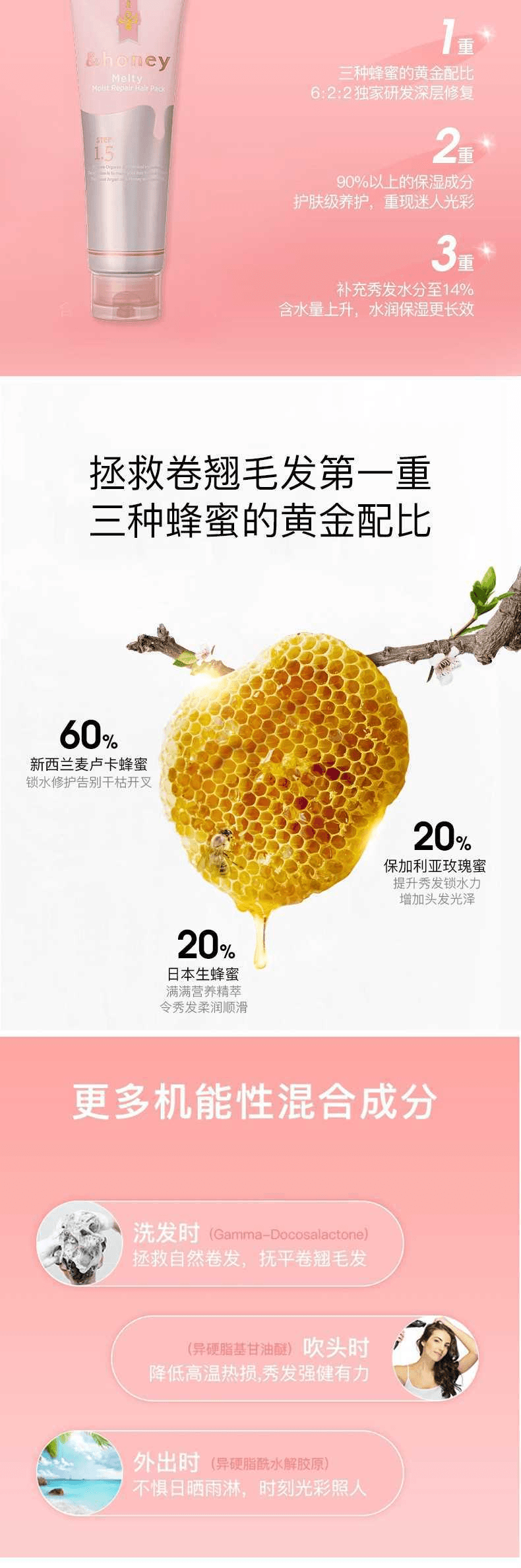【日本直邮】&Honey安蒂花子 Melty系列 玫瑰蜂蜜保湿护发膏 130g