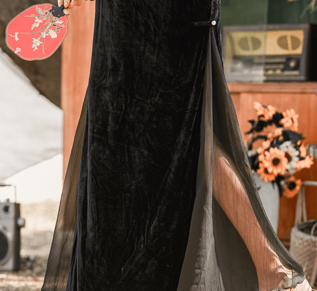 【中国直邮】简微娜 201 中国风复古女长袖水滴领修身长款旗袍 黑色#1件