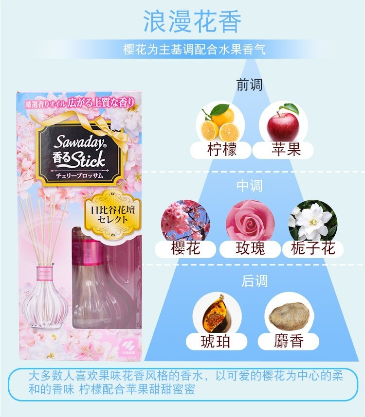 日本KOBAYASHI小林制药&nbsp;SAWADAY 精油配方室内香薰棒空气清新剂 70ml 浪漫樱花香