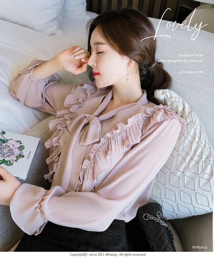 【韩国直邮】ATTRANGS 浪漫荷叶边装饰衬衫 粉色 均码