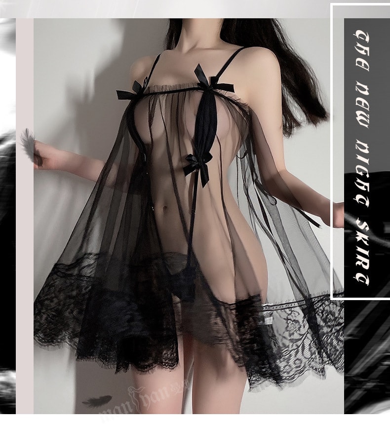 【中國直郵】曼煙 情趣內衣 性感透視網紗蕾絲吊帶睡裙制服套裝 均碼 黑色