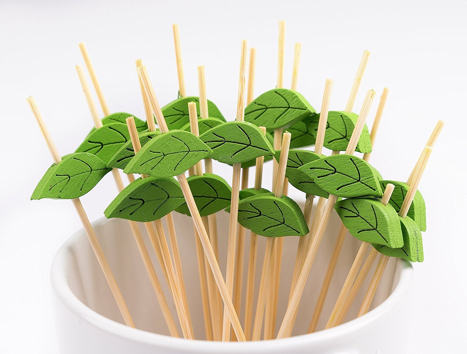 Cocktail Picks Handmade Bamboo Toothpicks 4.7” Multicolor Decor (Green Leaves)