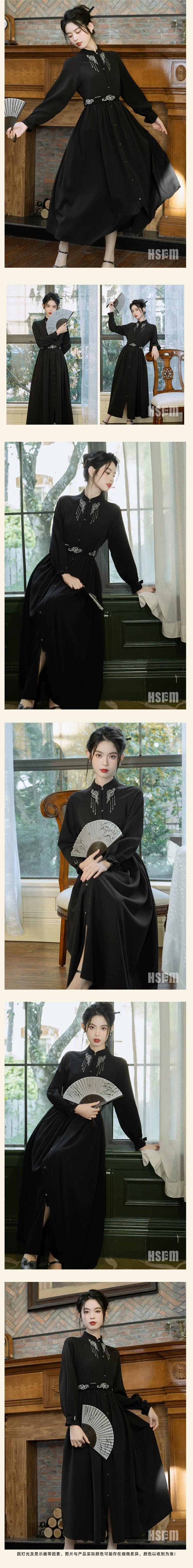 【中國直郵】 HSPM 新款新中式國風收腰立領洋裝 玄黑色 L