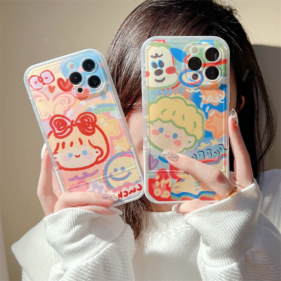 【中國直郵】塔下卡通情侶塗鴉手機殼隱形支架 適用iPhone 13pro 寵物女孩