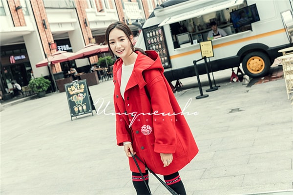 Red Hooded Wool Coat for Women S