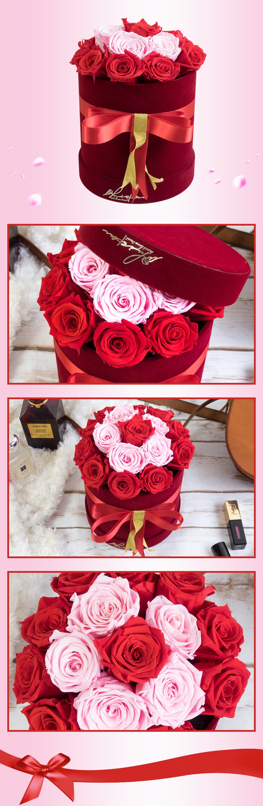 whisper bouquet preserved roses Red wine round box (red roses&pink roses)