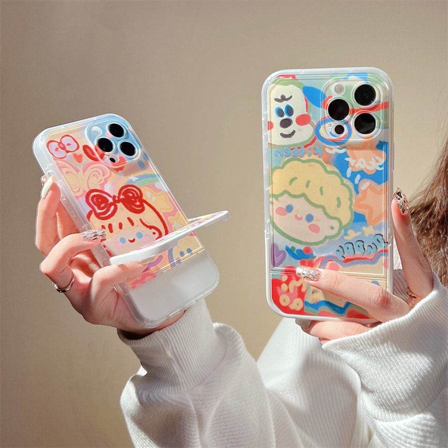 【中國直郵】塔下卡通情侶塗鴉手機殼隱形支架 適用iPhone13 寵物女孩