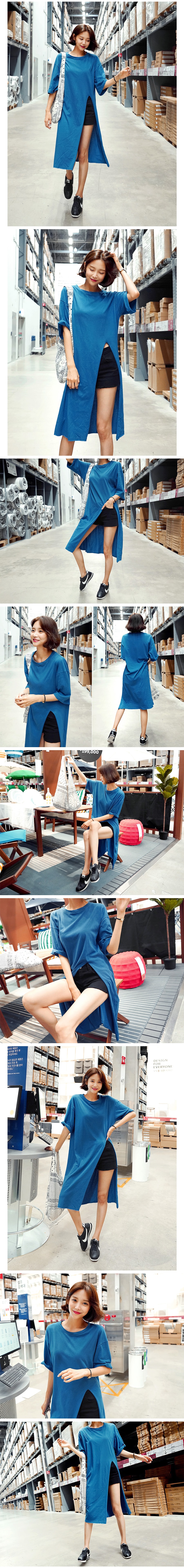 [韩国直邮] WINGS 韩国侧开衩中长款上衣T恤女 #蓝色 均码(Free)