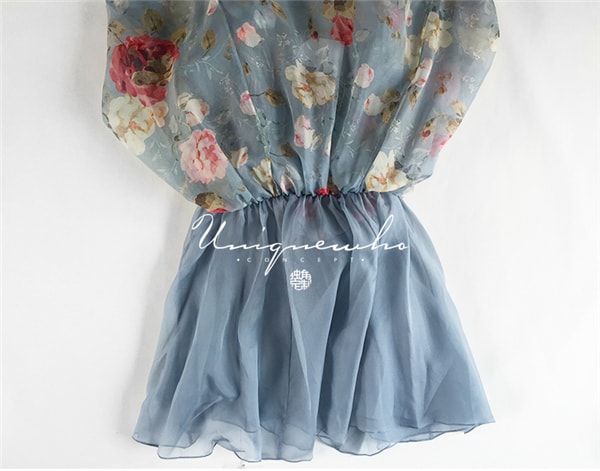 Blue Vintage Flower Printed Hollow Lantern Sleeve Silk Dress for Women Girls L