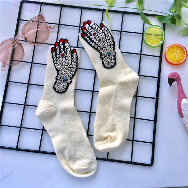 Harajuku Style Hipster Socks for Women Girls Funny Hand Shape Patch Socks White 1 Pair