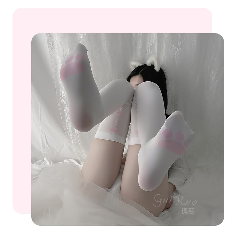 【中國直郵】瑰若 日系情趣絲襪 可愛過膝長筒襪 甜美貓爪美腿襪 均碼 白色(小蘿莉必備)