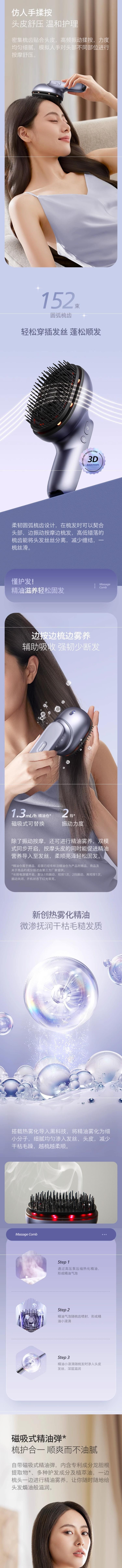 【中国直邮】 飞利浦 头部按摩梳 头皮电动按摩仪 生发养发健发梳 高频按摩精油雾养 USB充电 赠精油弹x3