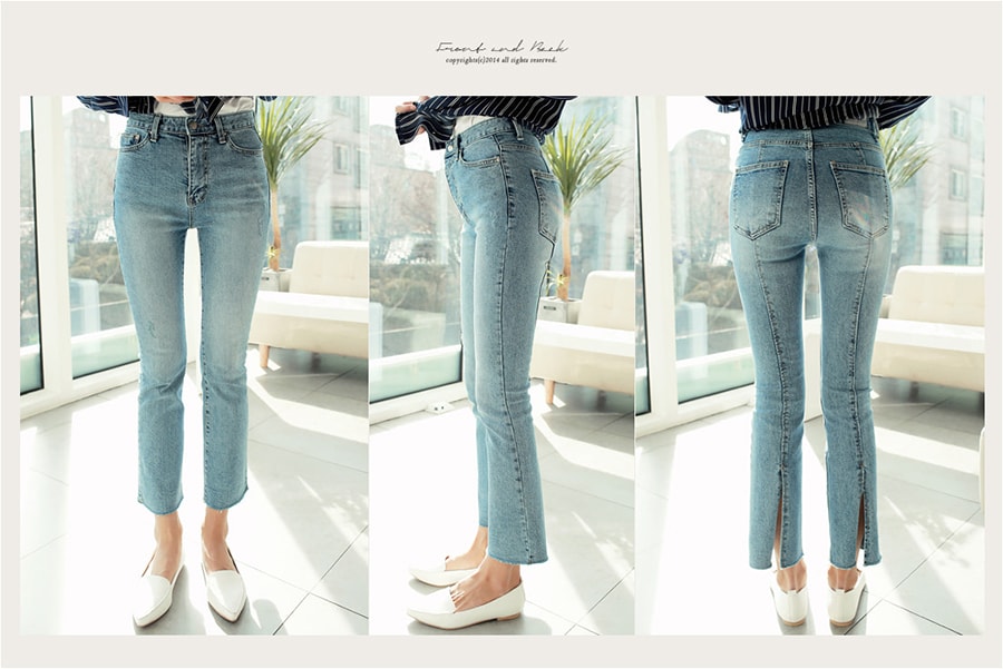 KOREA [Free Shipping] Split-Back Boot-Cut Ankle Jeans #Light Blue S(25-26)