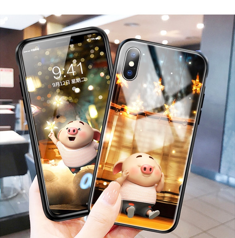 LEARN&amp;  WORK Web Celebrity Pig Glass Cell Phone Case For iPhone X/Xs