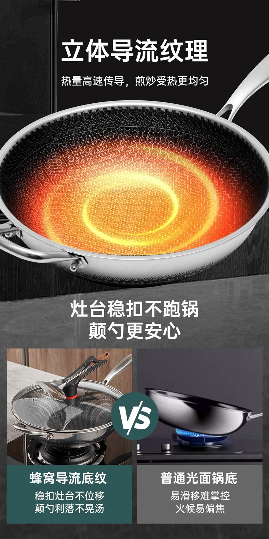 【好锅不娇气 ⭐同等品质价更低】王源吉子品牌 吉盛 32cm不锈钢蜂窝炒锅 物理不粘 316不锈钢 蜂窝纹理 可立盖 电磁炉炒锅
