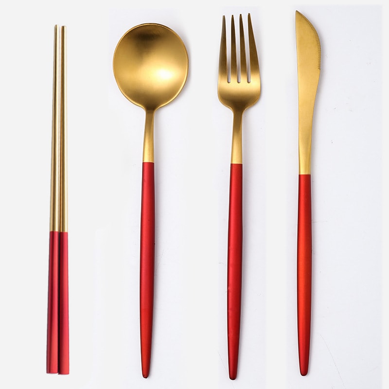 304不銹鋼葡萄牙家用高級餐具甜點刀叉勺套裝西餐 刀叉勺+筷子 粉金四件套