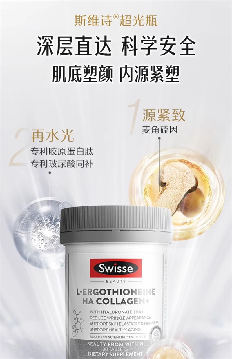 【中國直郵】澳洲 Swisse 超光瓶 麥角硫因膠原蛋白勝肽玻尿酸維生素口服營養品 30粒/瓶