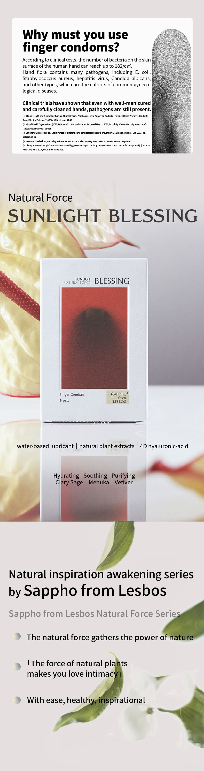 薩福 SAPPHOFROMLESBOS 自然力系列日光眷寵 透明質酸潤滑成人女同情人節必備情趣用品les女用指套 1盒裝(6隻)