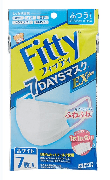 日本 TAMAGAWA FITTY 玉川衛材 不勒耳朵成人通用非無菌三層防護立3d體透氣口罩 中碼 7枚入