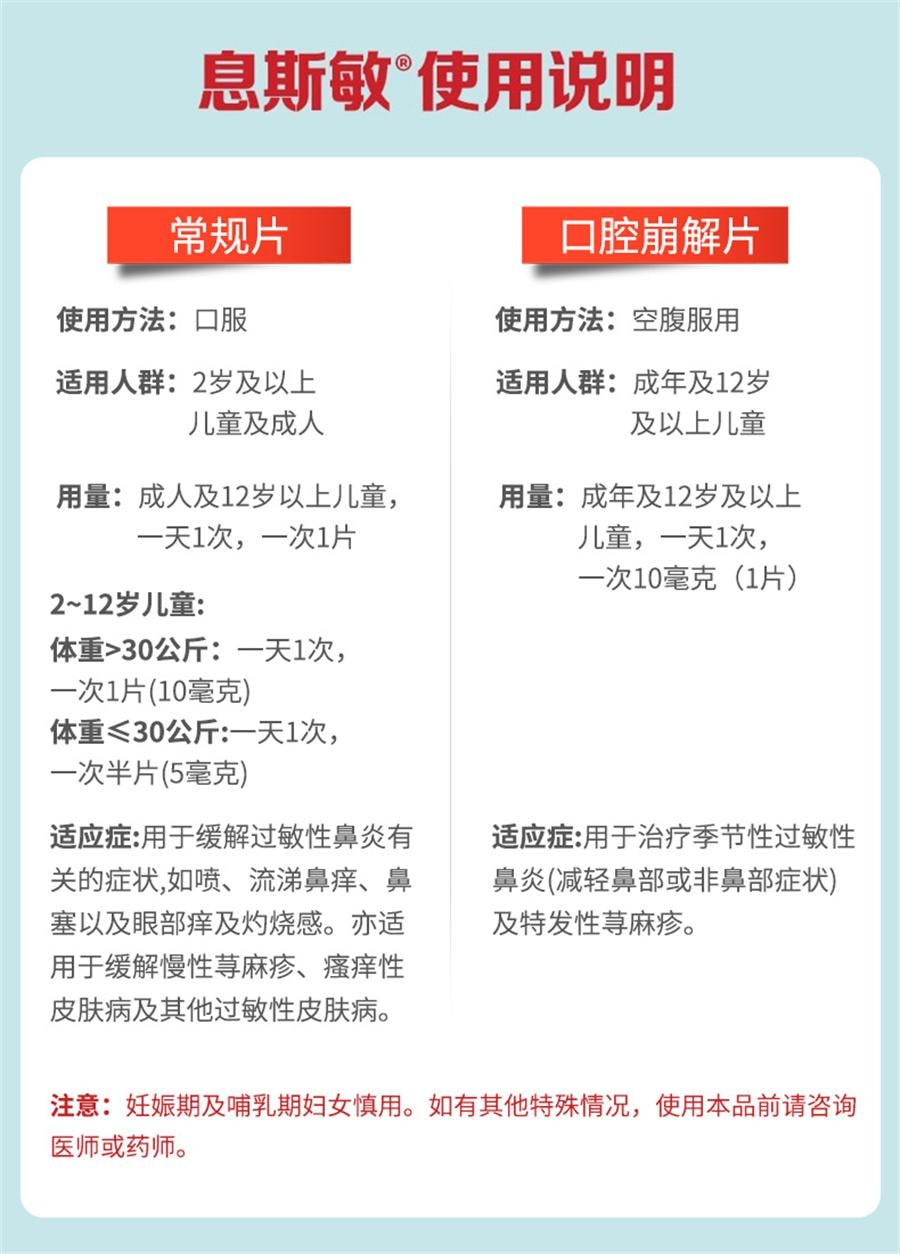 【中國直郵】 息斯敏 氯雷他定片 蕁麻疹皮膚過敏藥鼻炎專用藥止癢抗過敏內服12片/盒