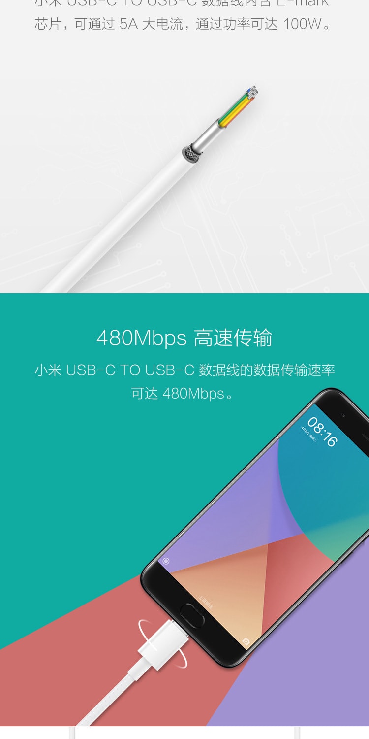 [中国直邮]小米 MI USB-C TO USB-C 手机数据线 150cm 1条装