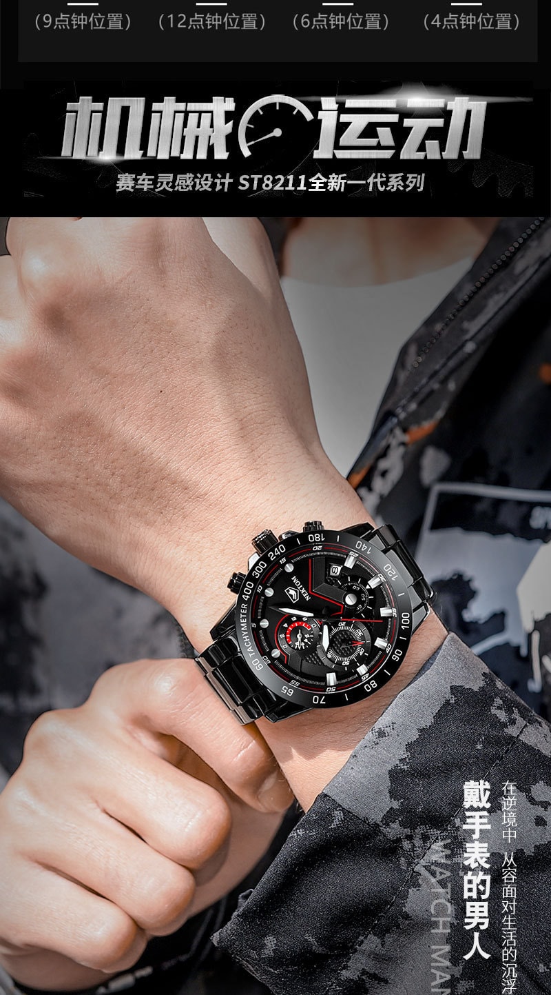 中國 耐頓 時尚潮流夜光防水石英鋼帶男士手錶 鋼帶全黑銀釘