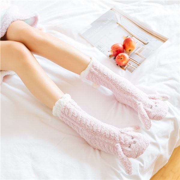 Home Bed Floor Socks for Girls Women Cute Animal Rabbit Thicken Non-slip Socks Pink 1 Pair