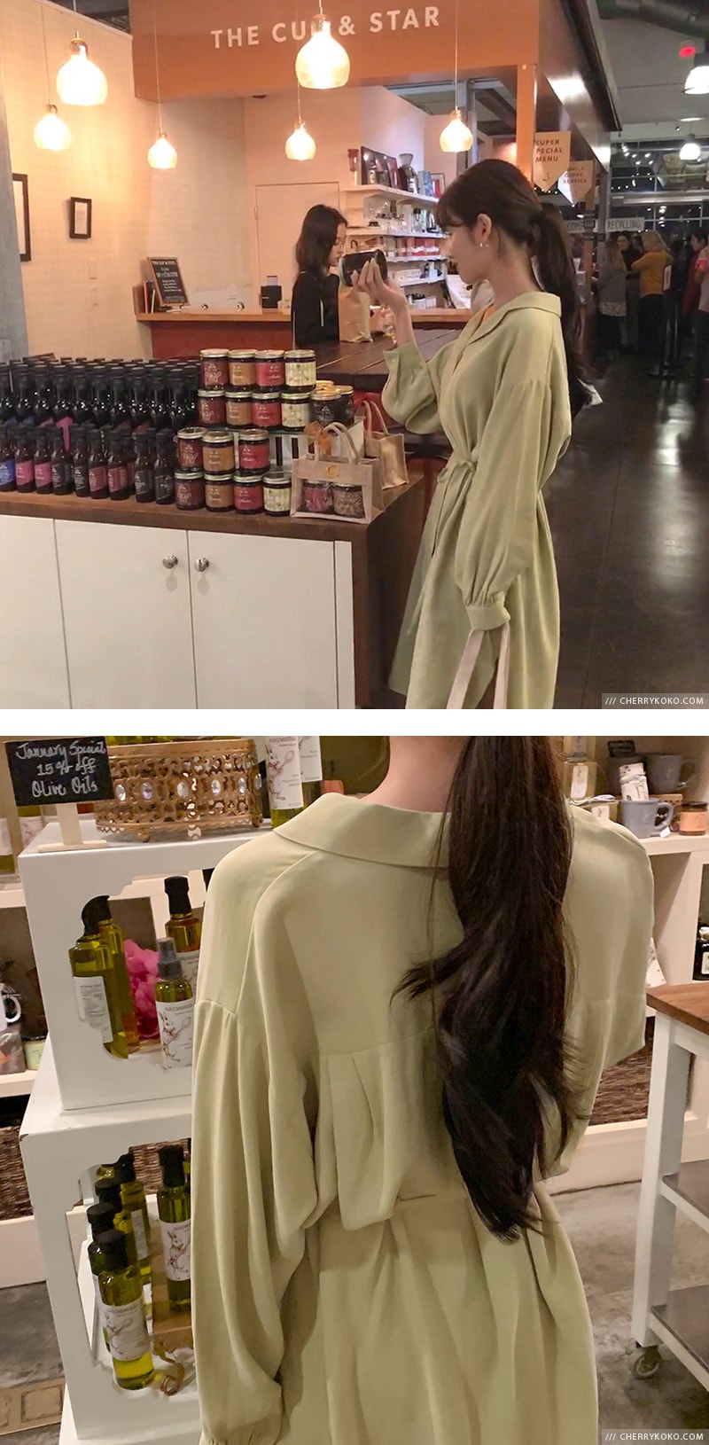 【韩国直邮】CHERRYKOKO 韩国甜美收腰系带V领连衣裙 薄荷色 均码