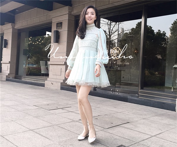 Mint Green Lace Embroidery Patchwork Elegant High-neck Palace Style Silk Mini Dress for Women Girls M