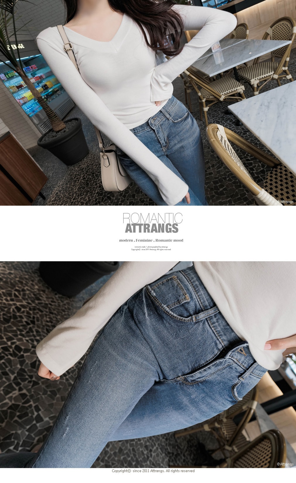 【韩国直邮】ATTRANGS 下摆不对称裁剪细节隐藏松紧设计正装风格喇叭型牛仔裤 蓝色 L