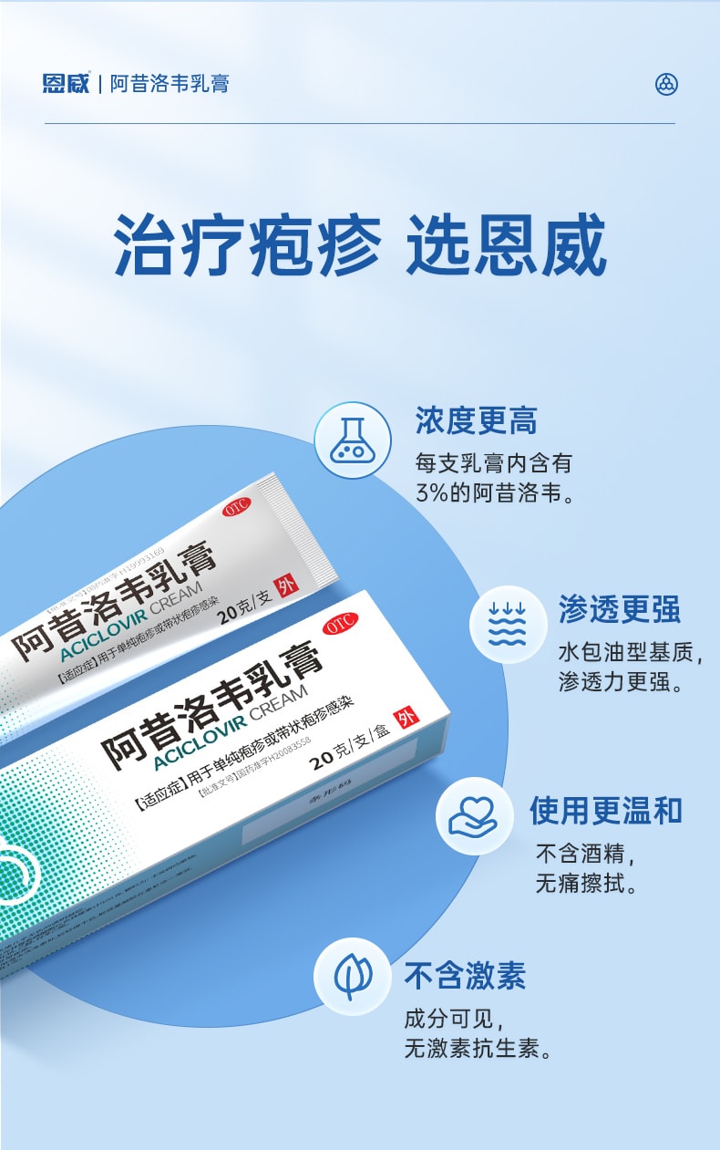 【中国直邮】 恩威 阿昔洛韦软膏 正品抗病毒阿西洛韦阿希洛韦带状单纯疱疹药膏 20g/盒