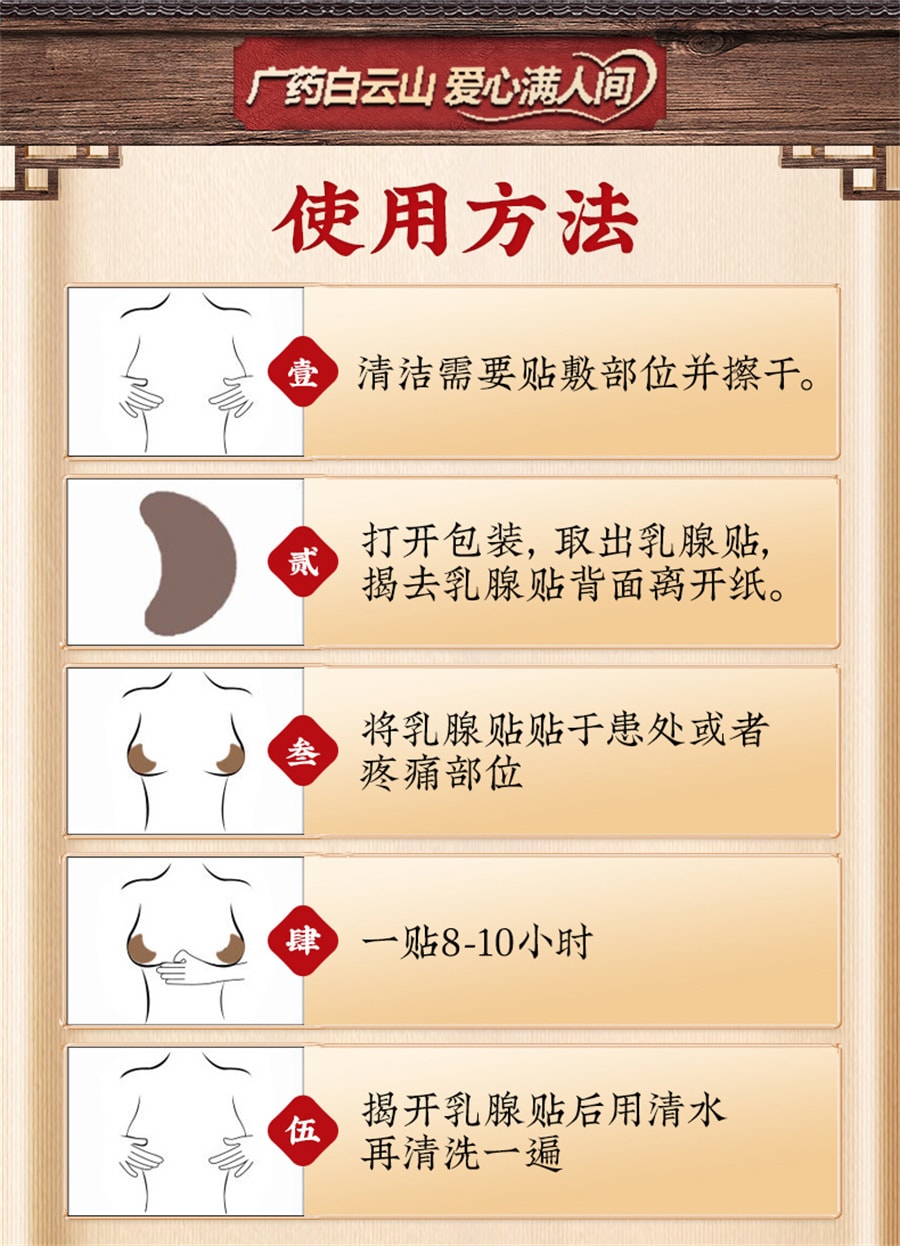 【中国直邮】白云山 乳腺穴位贴敷治疗贴乳腺散结贴小叶乳房疏通硬块肿块 4贴/盒*3盒