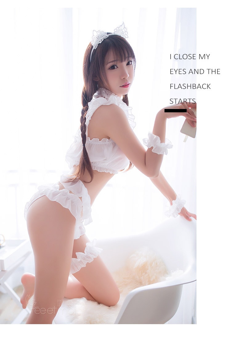 【中國直郵】霏慕 愛心鏤空貓女套裝 白色 均碼 1件