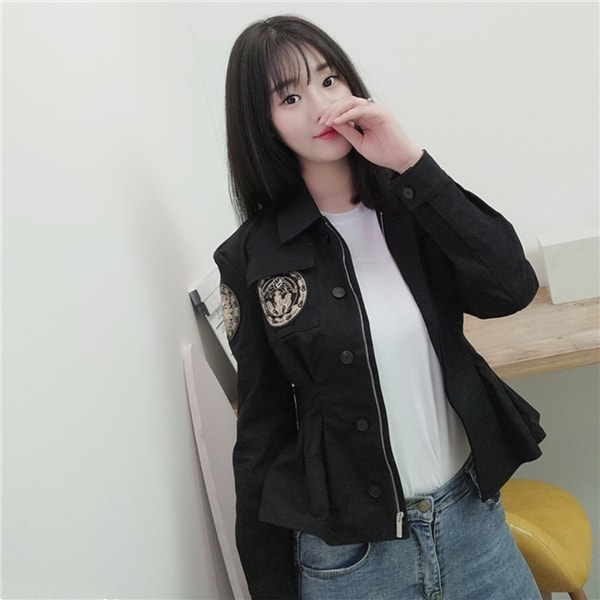 Women Pure Cotton Slim Jacket Coat with Constellation Patches Black XS