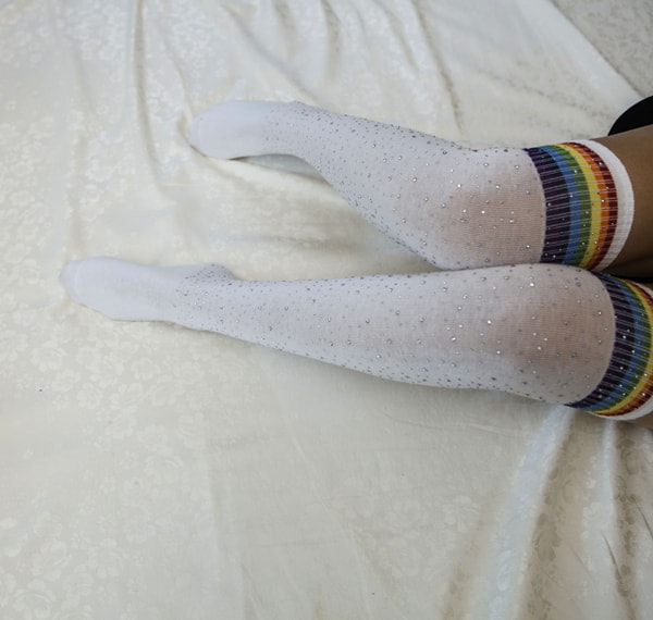 独角定制 彩虹条纹长筒袜 纯棉烫钻过膝袜女 黑色 1双