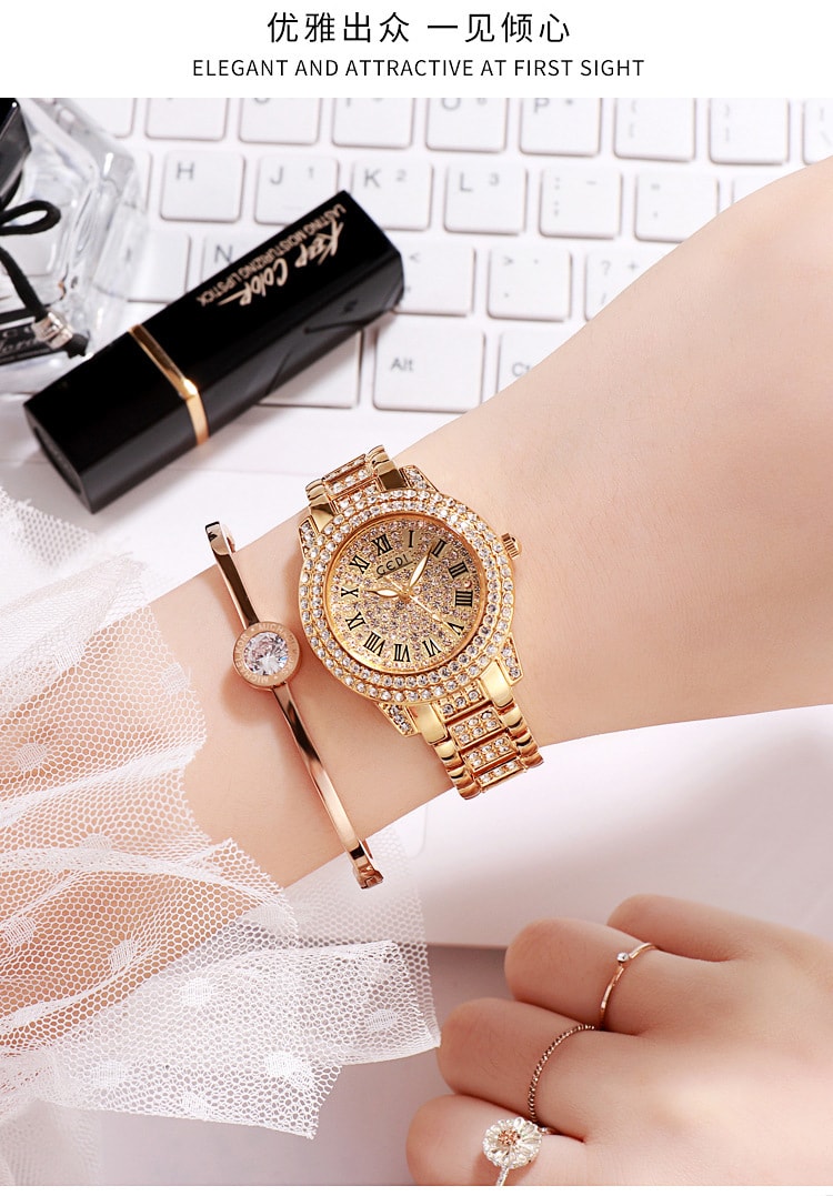 中國直郵 歌迪GEDI 抖音熱賣手錶女士鑲鑽ins網紅女錶鋼帶滿天星 銀色