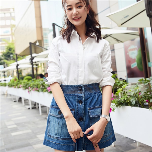 Double Pocket High Waist Button Decor A-Line Skirts Blue Denim Mini Skirt for Women Girls S