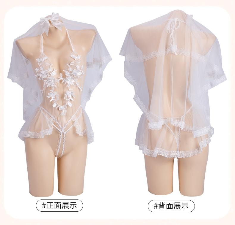 【中國直郵】 曼煙 情趣內衣 性感新娘浪漫花嫁套裝 白色均碼(含絲襪)