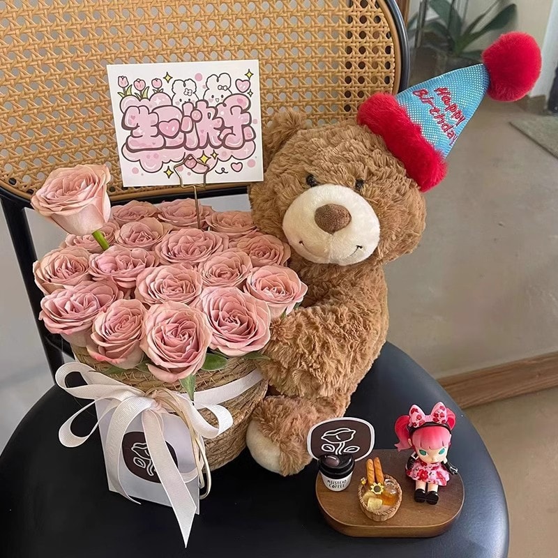 【中国直邮】 FOXTAIL 小熊玩偶抱抱桶花束 永生花 生日礼物 派对聚会 女友闺蜜七夕情人节礼物-冰蓝色1个*|预计到达时间3-4周